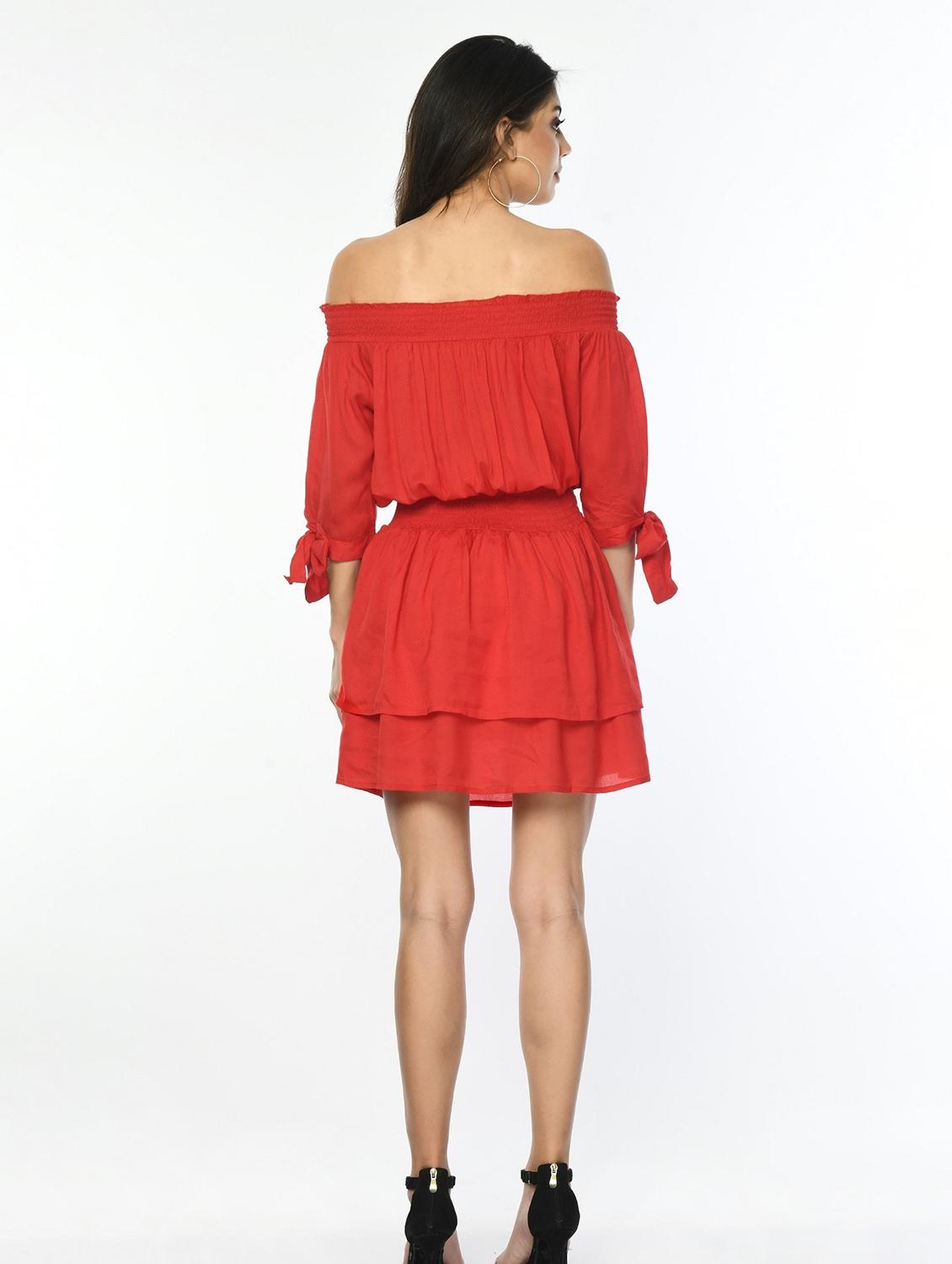 women red solid off shoulder layered dress - 22028826 - Standard Image - 3