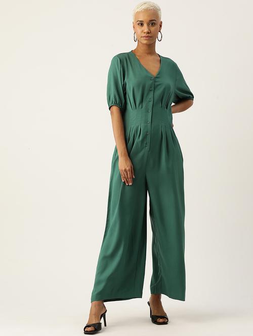 women green solid puff sleeve jumpsuit - 22028832 -  Standard Image - 0