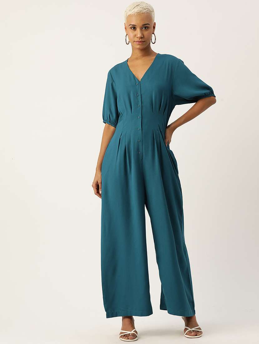 women teal solid puff sleeve jumpsuit
