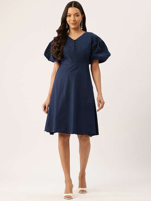 women solid puff sleeve fit & flare dress - 22028835 - Standard Image - 0
