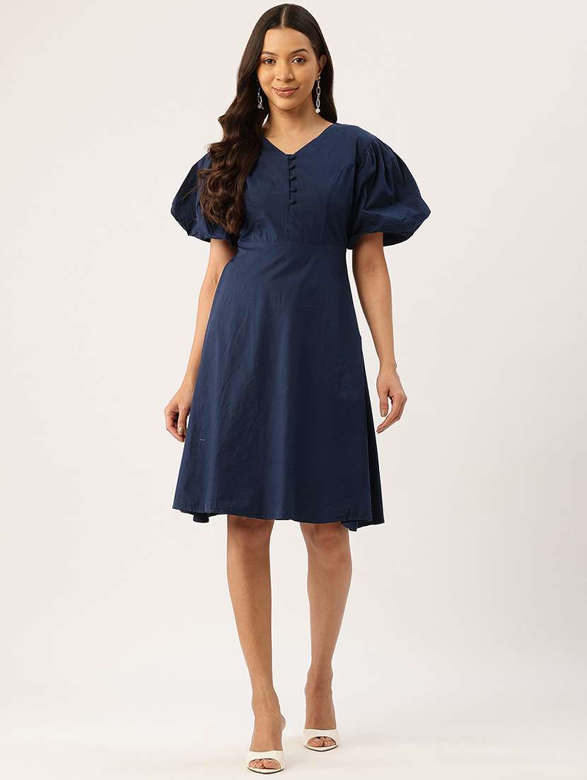 women solid puff sleeve fit & flare dress - 22028835 - Zoom Image - 0