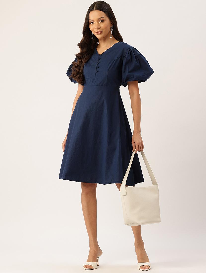 women solid puff sleeve fit & flare dress - 22028835 - Standard Image - 3