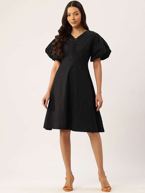 women solid puff sleeve fit & flare dress - 22028836 -  Standard Image - 0