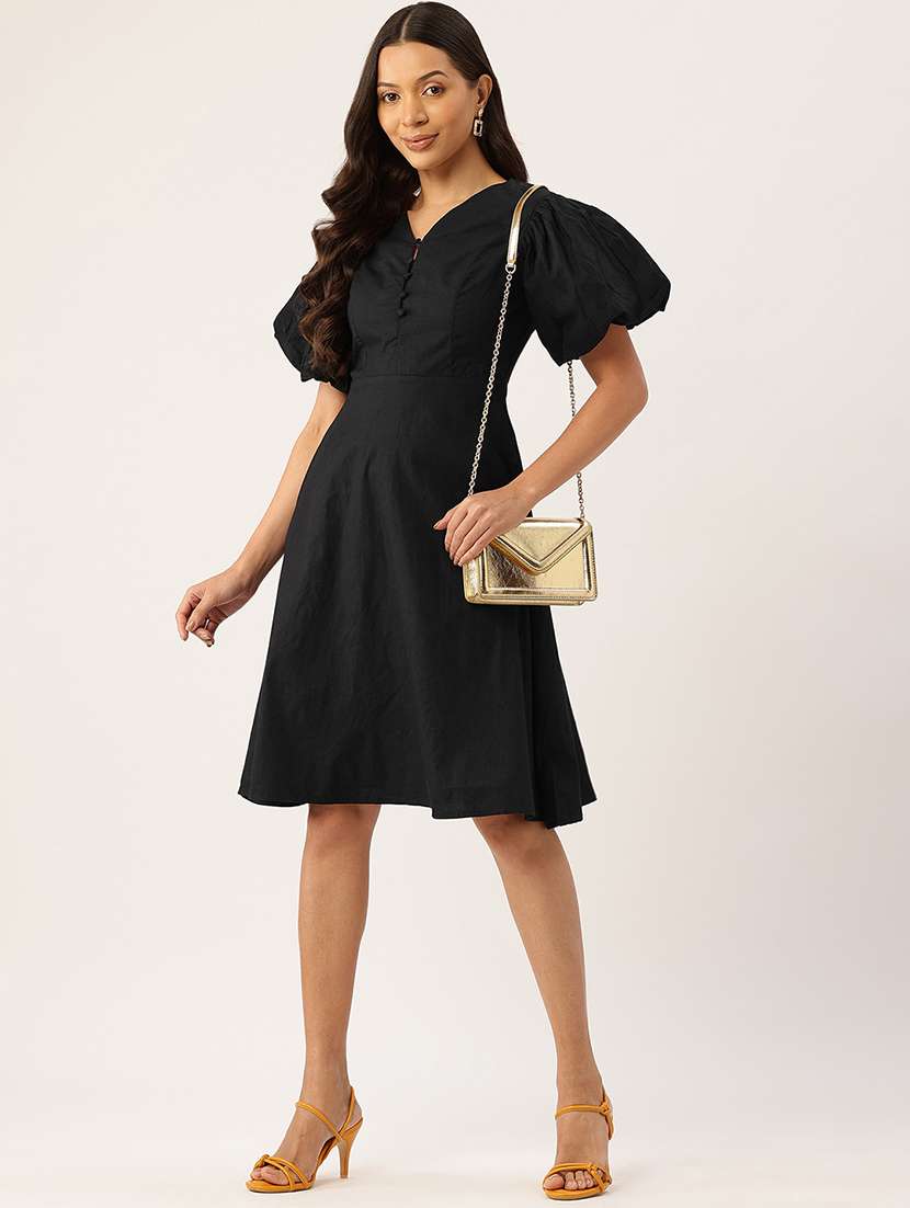 women solid puff sleeve fit & flare dress - 22028836 -  Standard Image - 3