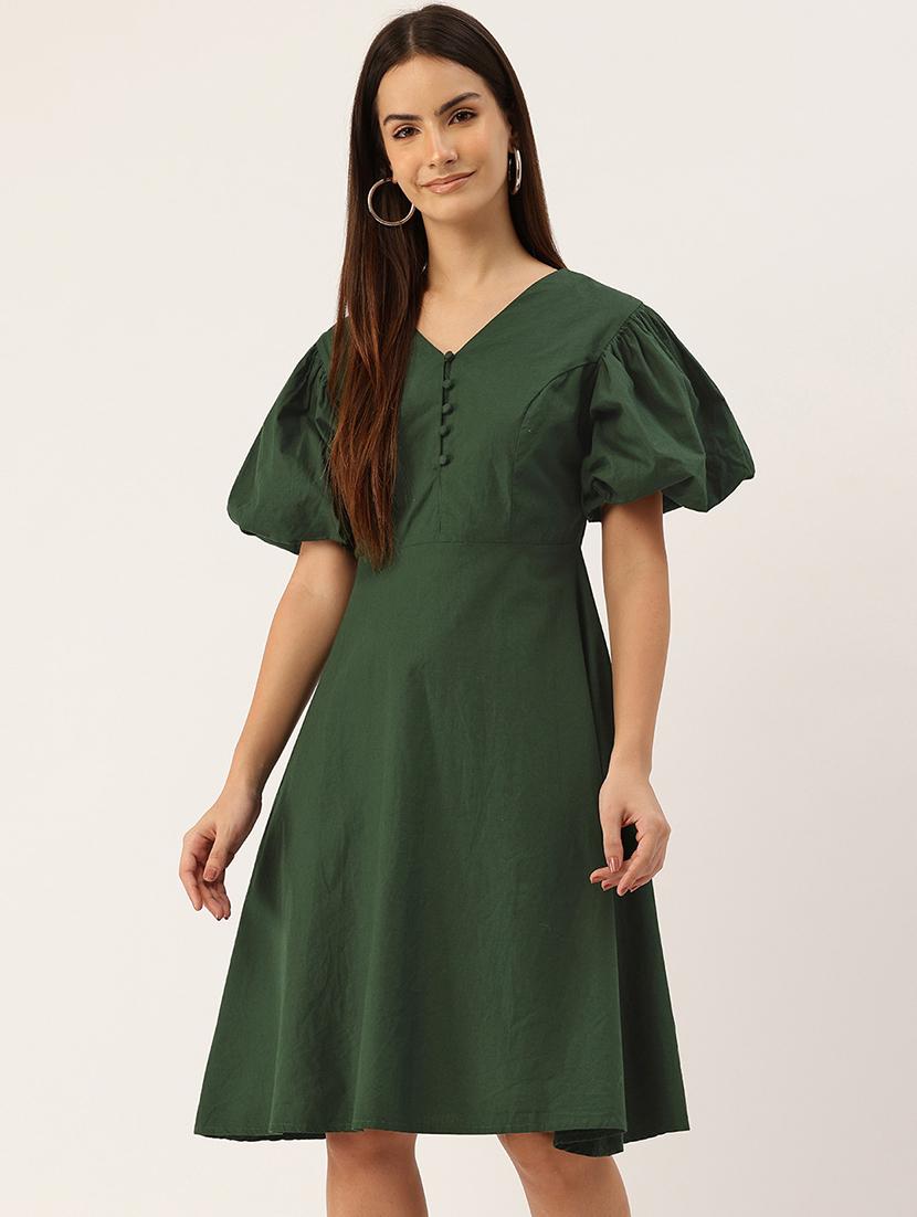 women solid puff sleeve fit & flare dress