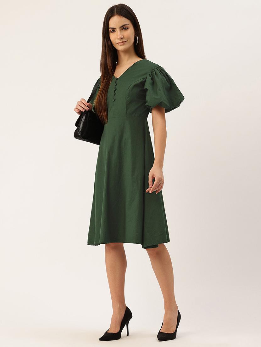 women solid puff sleeve fit & flare dress - 22028837 - Standard Image - 3