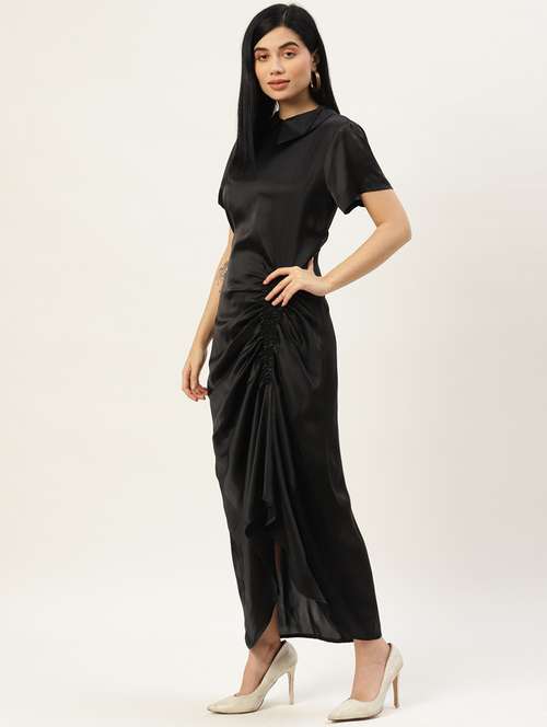 women black solid collared ruched dress - 22028845 -  Standard Image - 0