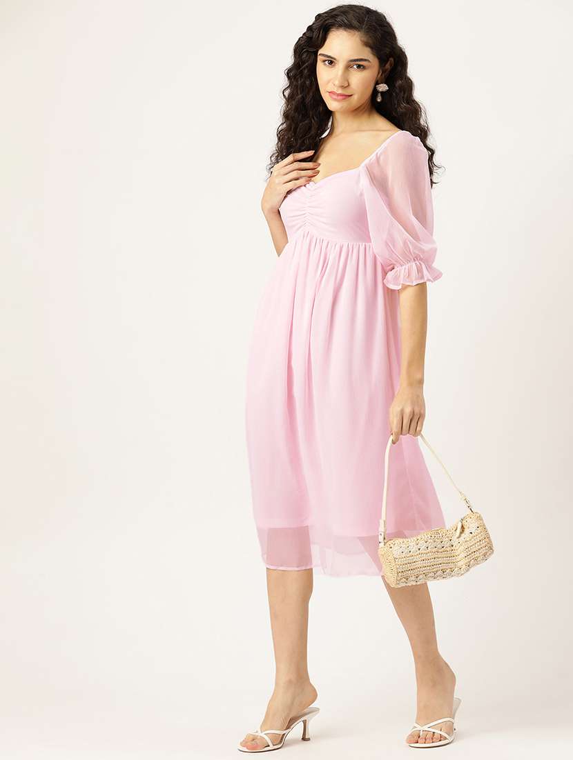 women pink solid puff sleeve a-line dress