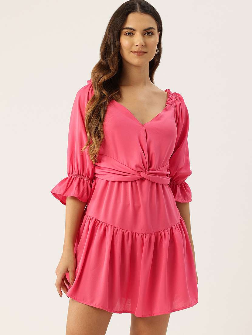 women pink solid puff sleeve tiered dress
