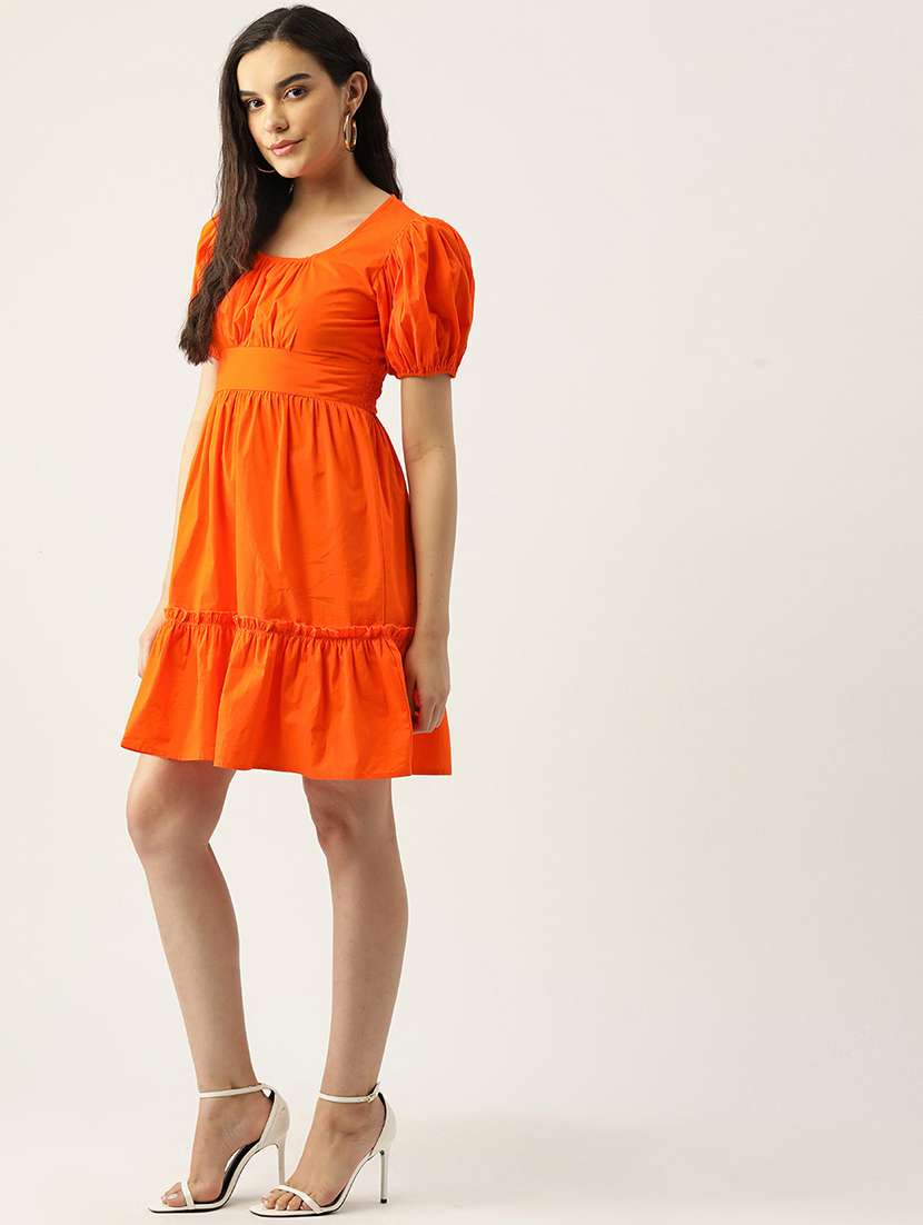 women orange solid puff sleeve tiered dress