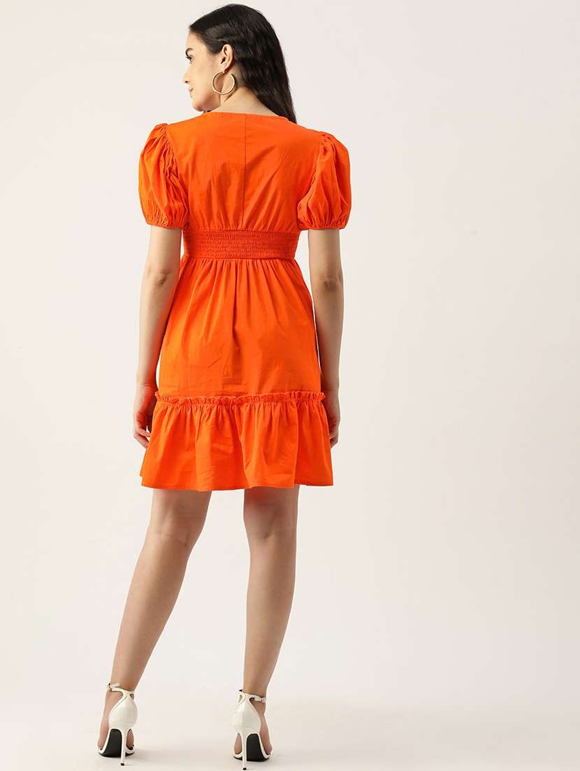 women orange solid puff sleeve tiered dress - 22028850 -  Standard Image - 3