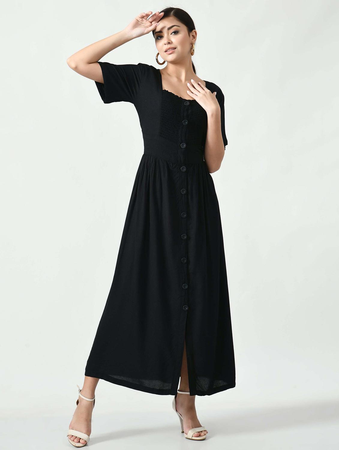 women black solid short sleeve a-line dress - 22028856 - Zoom Image - 0