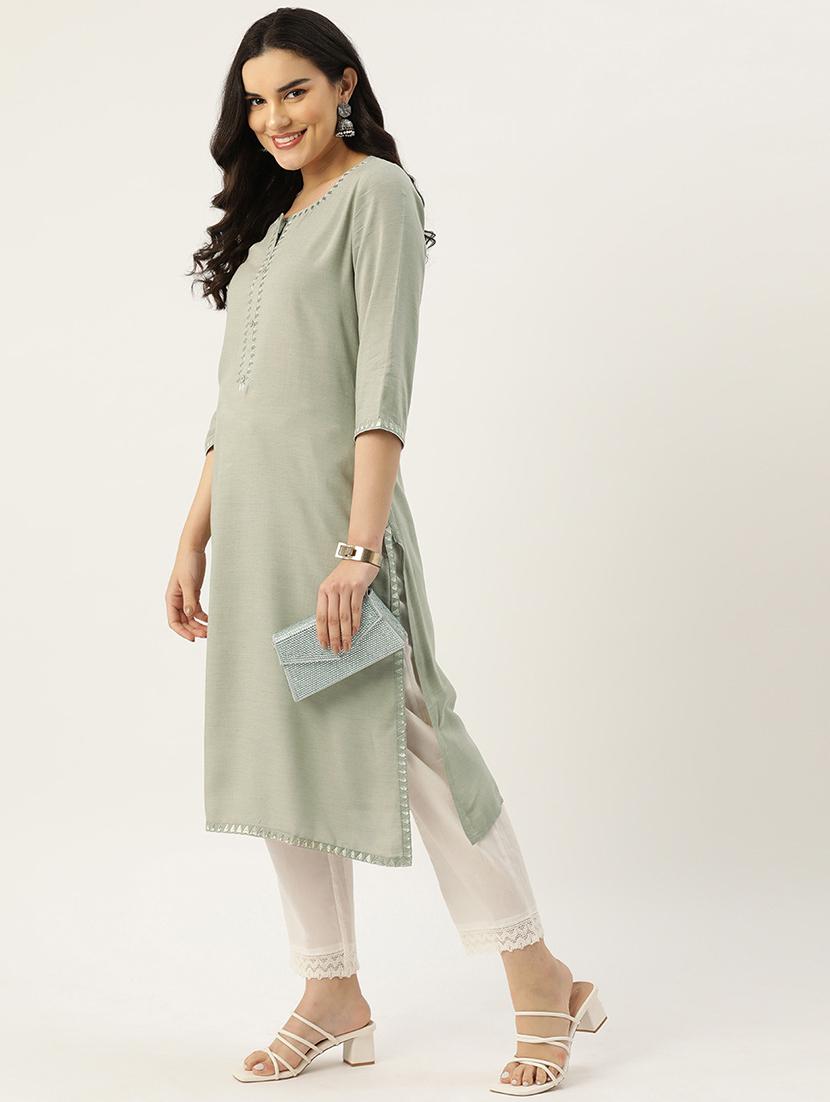 women solid three quarter sleeve straight kurta - 22028857 - Standard Image - 3