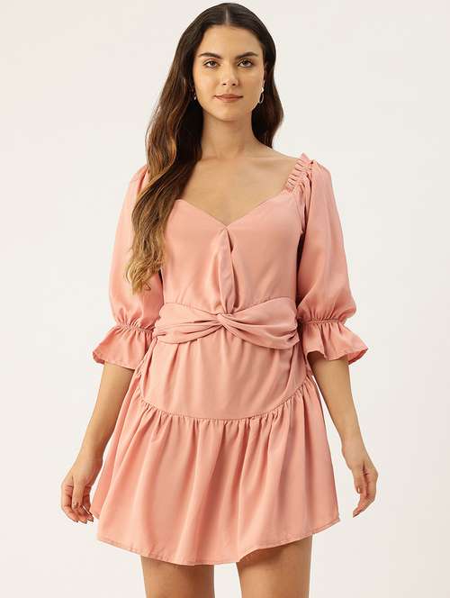 women peach solid puff sleeve tiered dress - 22028858 - Standard Image - 0