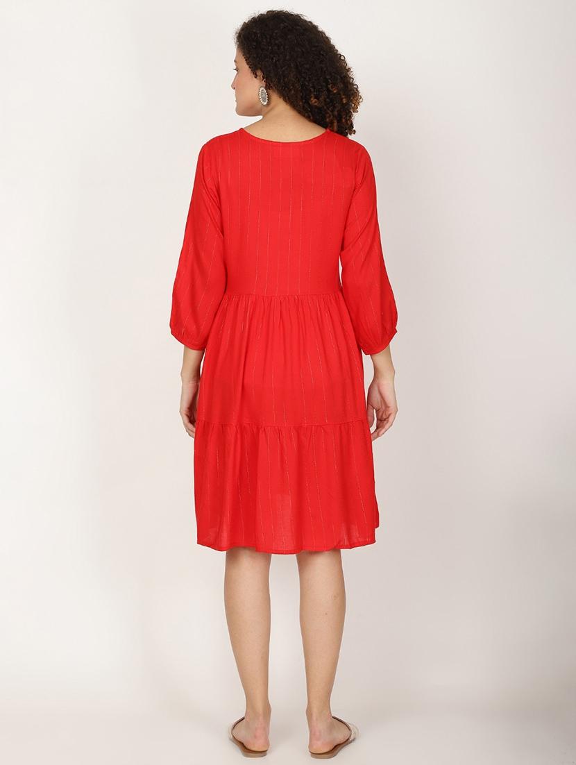 women red embroidered round neck tiered dress - 22028861 - Standard Image - 3
