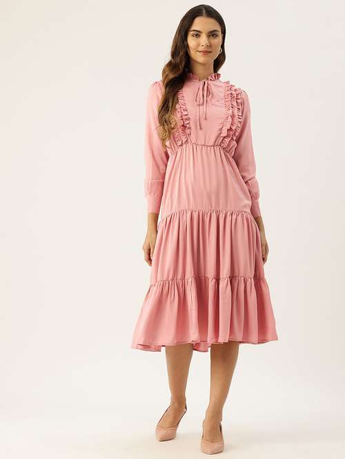 women pink solid tie up neck tiered dress - 22028863 -  Standard Image - 0