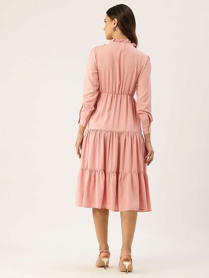 women pink solid tie up neck tiered dress - 22028863 - Standard Image - 3