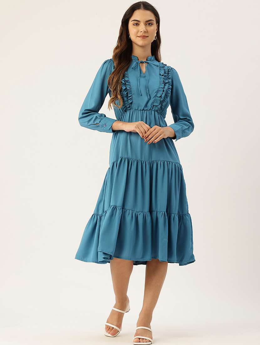 women blue solid tie up neck tiered dress - 22028864 - Zoom Image - 0