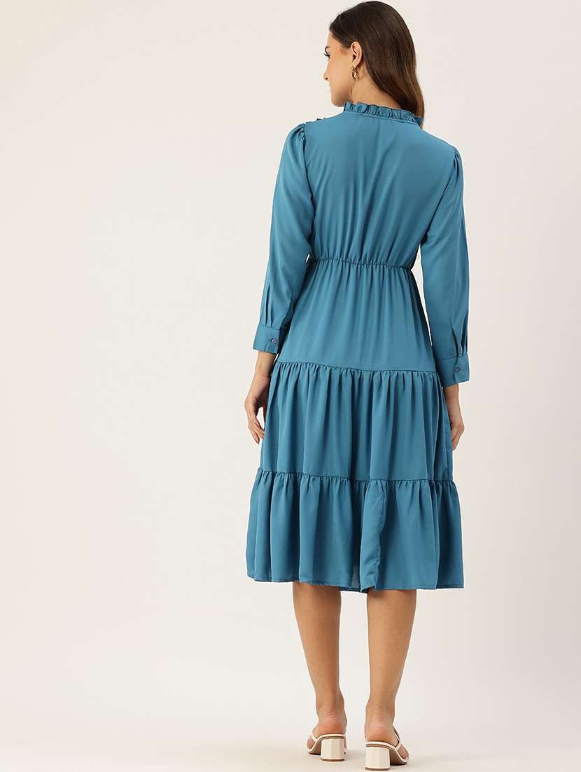 women blue solid tie up neck tiered dress - 22028864 - Standard Image - 3
