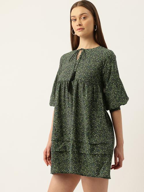 women floral print puff sleeve tie up neck dress - 22028865 - Standard Image - 0