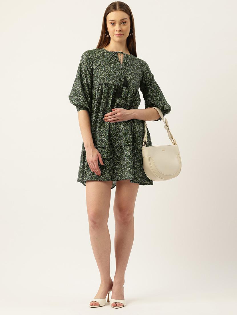 women floral print puff sleeve tie up neck dress - 22028865 - Standard Image - 3