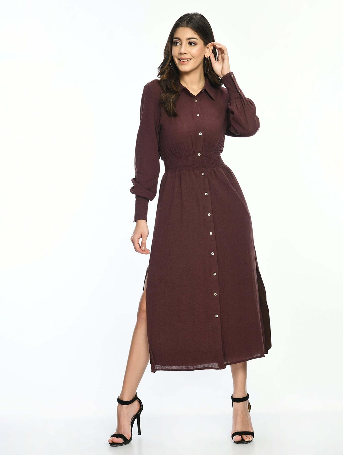 women brown solid collared long sleeve shirt dress - 22028875 - Zoom Image - 0