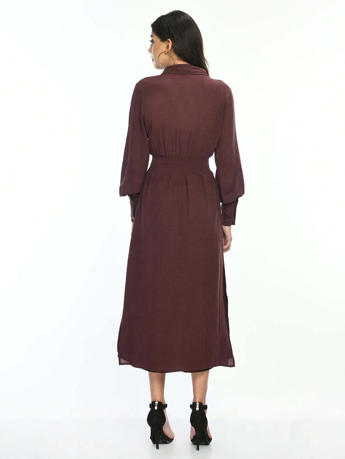 women brown solid collared long sleeve shirt dress - 22028875 - Standard Image - 3