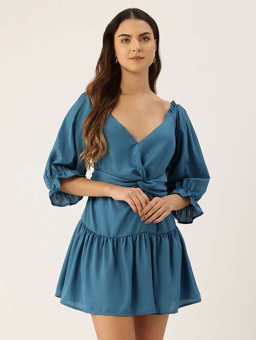 women solid puff sleeve tiered dress - 22028881 -  Standard Image - 0