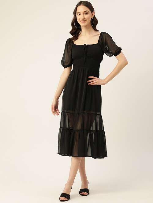 women black solid puff sleeve tiered dress - 22028885 - Standard Image - 0