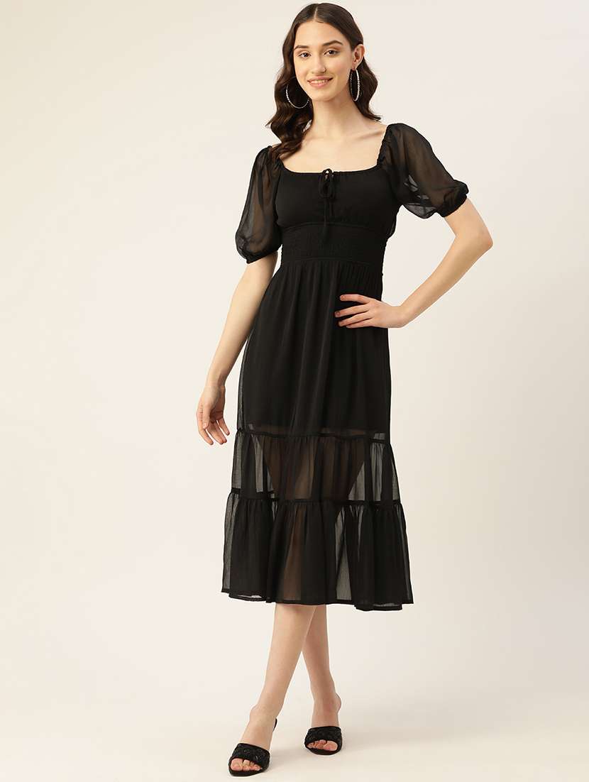 women black solid puff sleeve tiered dress - 22028885 - Zoom Image - 0