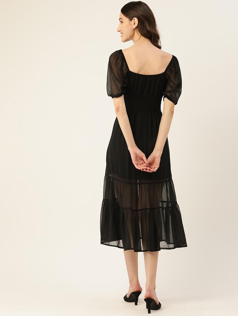 women black solid puff sleeve tiered dress - 22028885 - Standard Image - 3