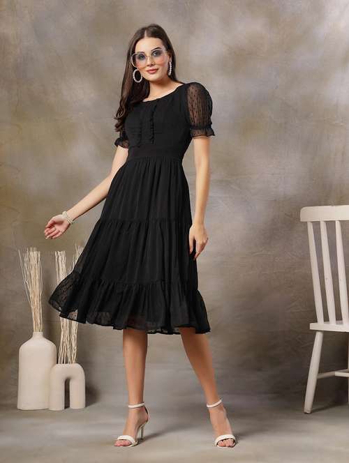 women black solid puff sleeve tiered dress - 22028886 -  Standard Image - 0