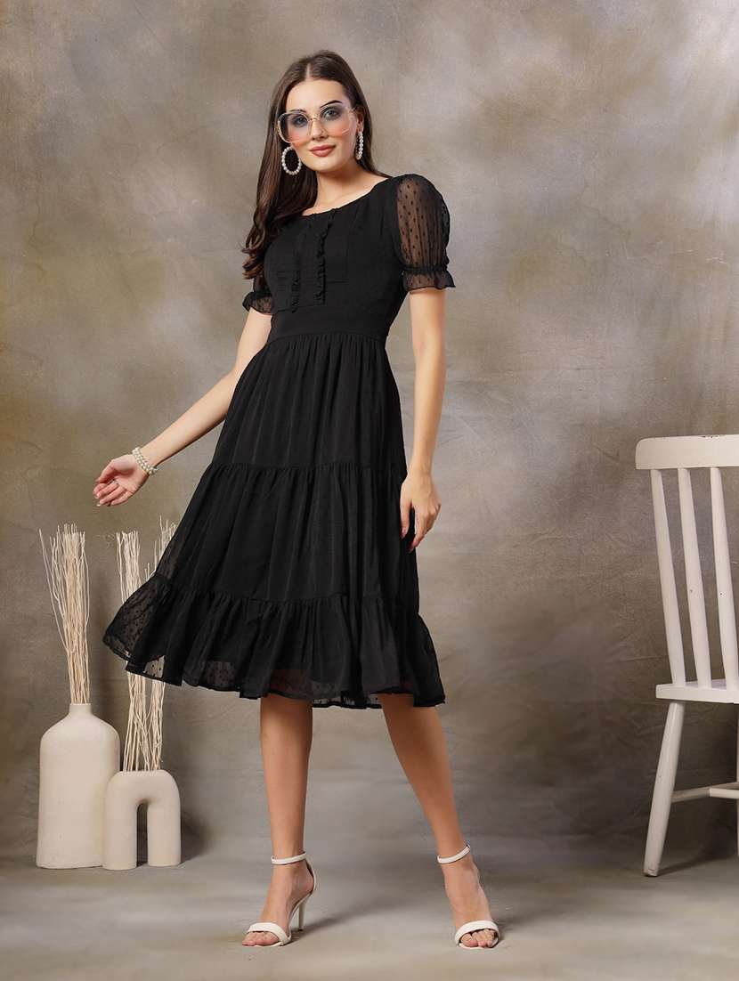 women black solid puff sleeve tiered dress
