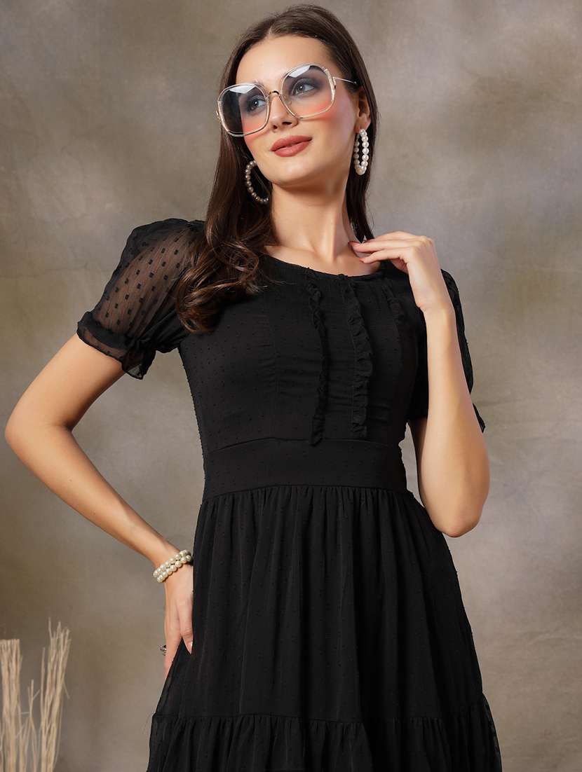 women black solid puff sleeve tiered dress - 22028886 -  Standard Image - 3
