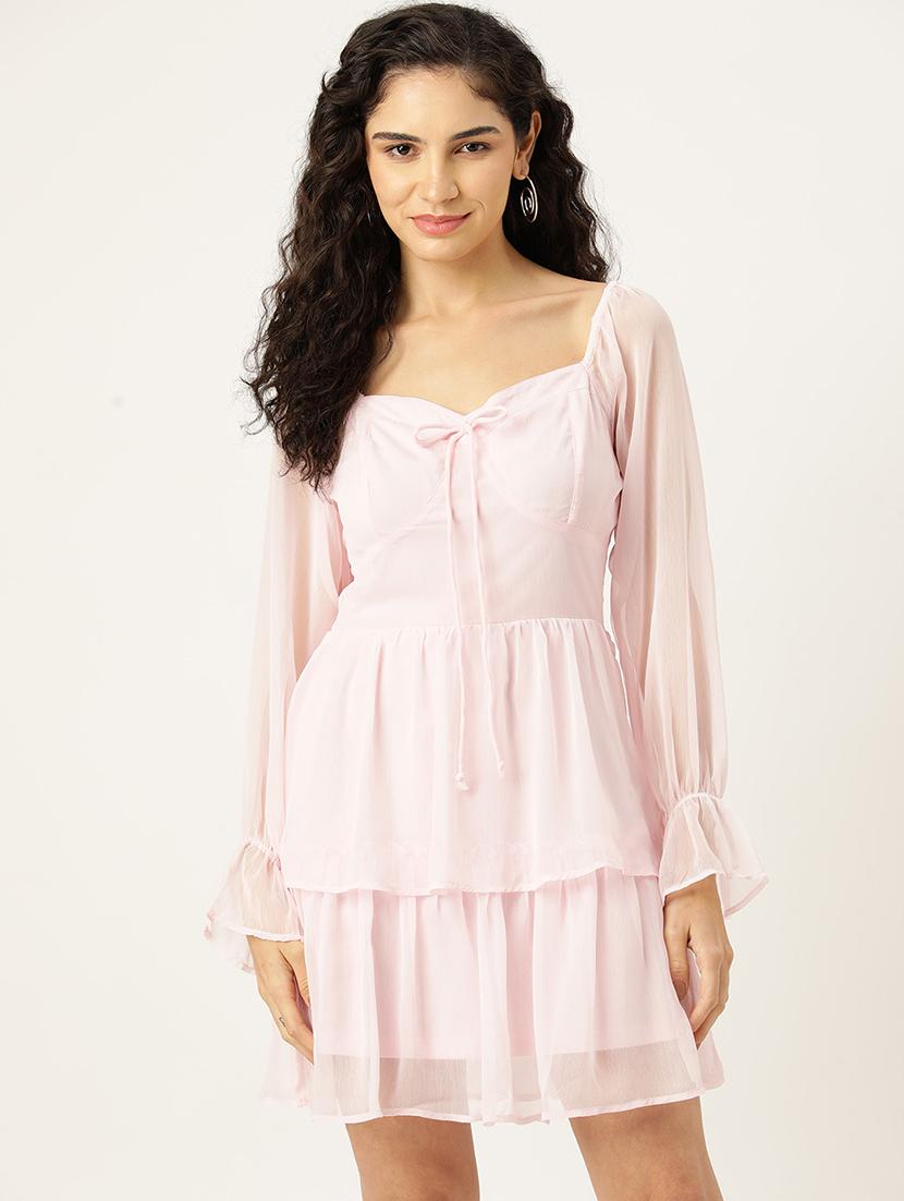 women pink solid long sleeve sweetheart neck layered dress - 22028888 - Zoom Image - 0