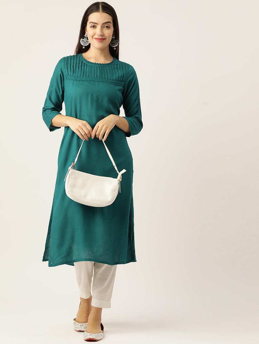 women solid three quarter sleeve straight kurta - 22028901 - Zoom Image - 0