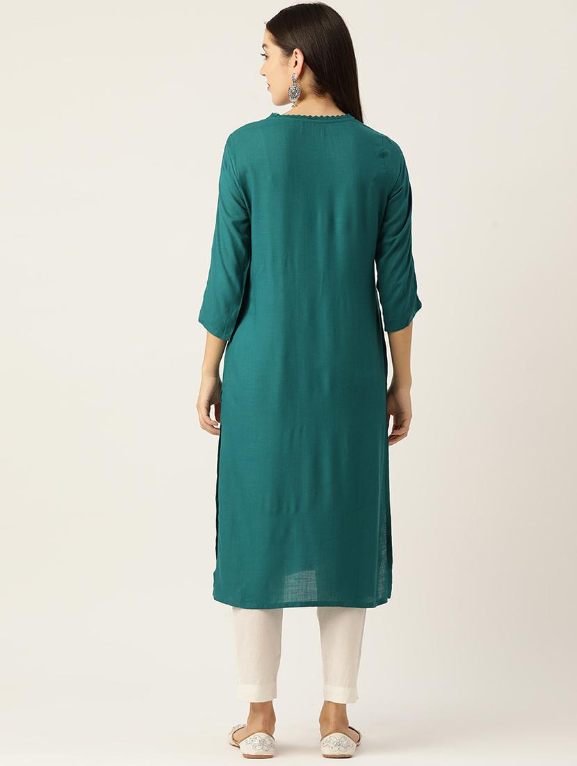 women solid three quarter sleeve straight kurta - 22028901 - Standard Image - 3