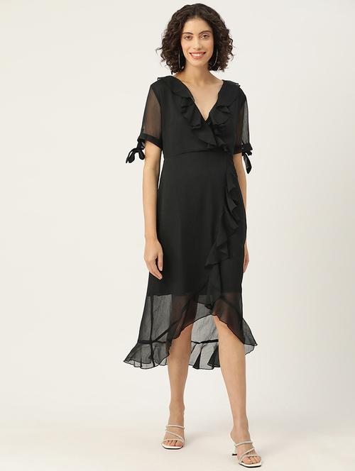women black solid ruffled asymmetric dress - 22028906 - Standard Image - 0