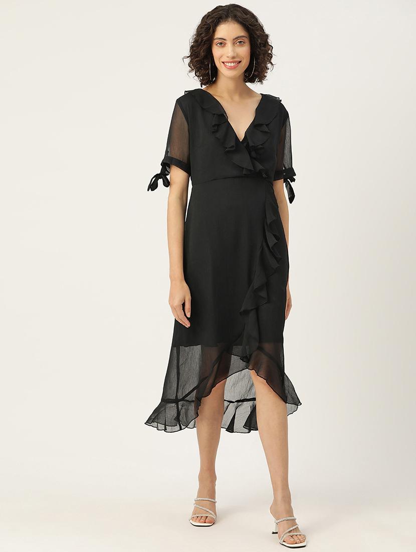 women black solid ruffled asymmetric dress - 22028906 - Zoom Image - 0