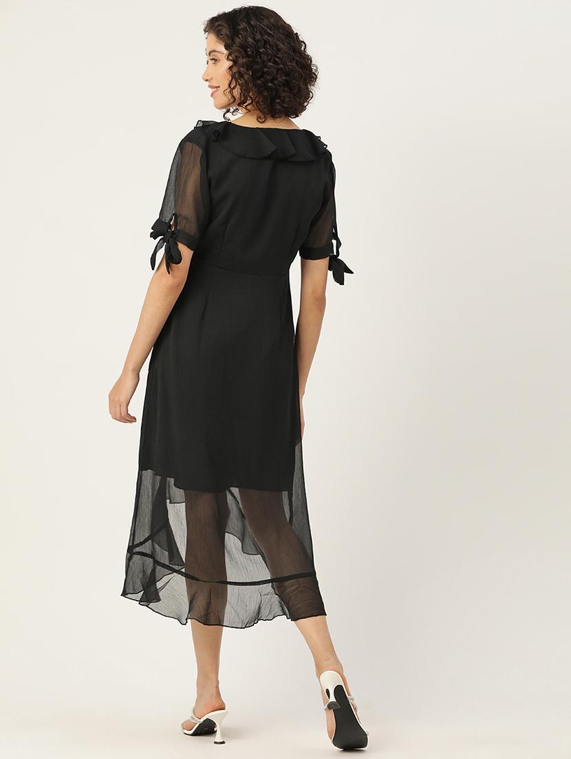 women black solid ruffled asymmetric dress - 22028906 - Standard Image - 3
