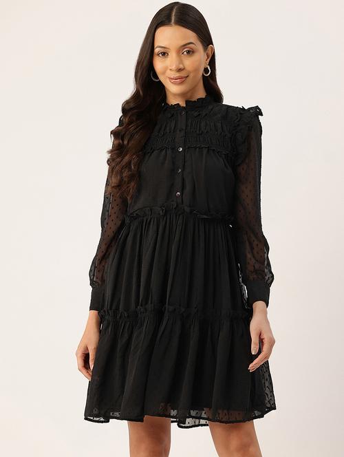women black solid long sleeve tiered dress - 22028924 - Standard Image - 0