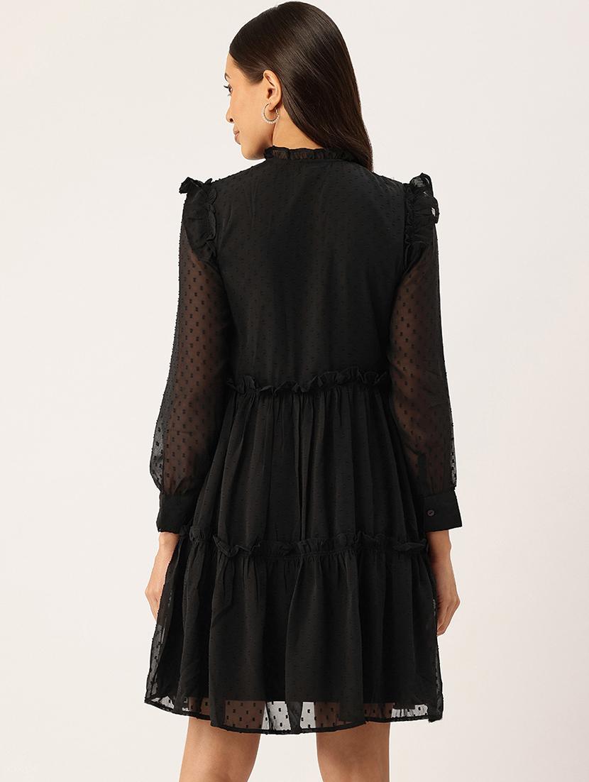 women black solid long sleeve tiered dress - 22028924 - Standard Image - 3