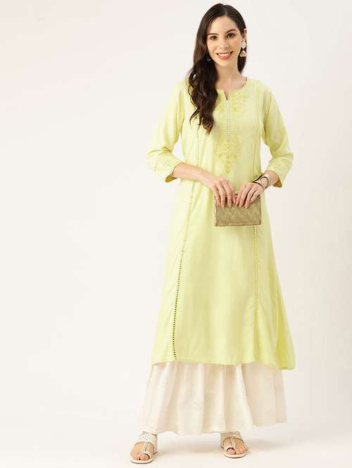 women embroiderd three quarter sleeve a-line kurta - 22028927 -  Standard Image - 0