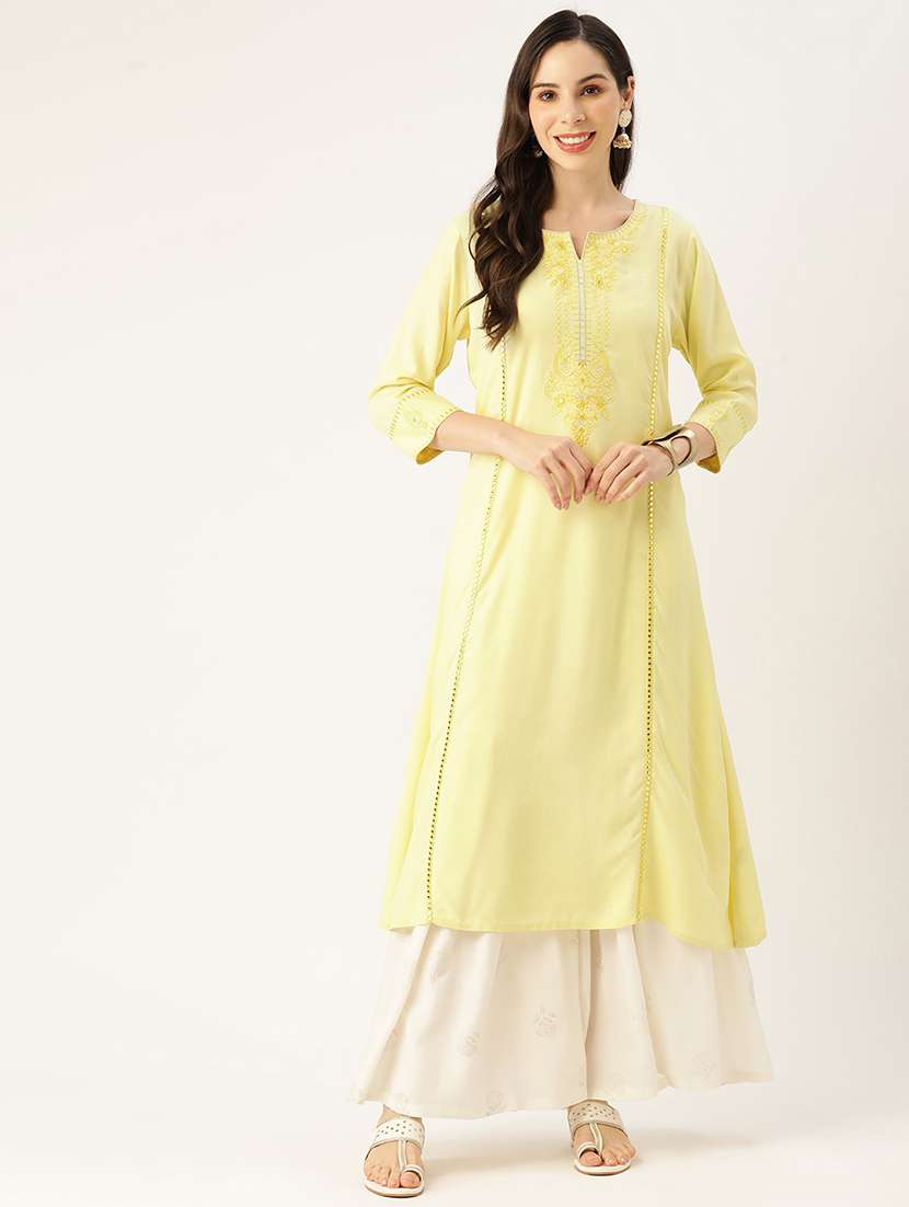 women embroiderd three quarter sleeve a-line kurta - 22028927 -  Standard Image - 3