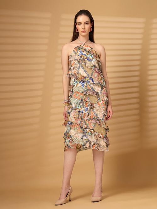 women printed halter neck ruffle dress - 22028944 - Standard Image - 0