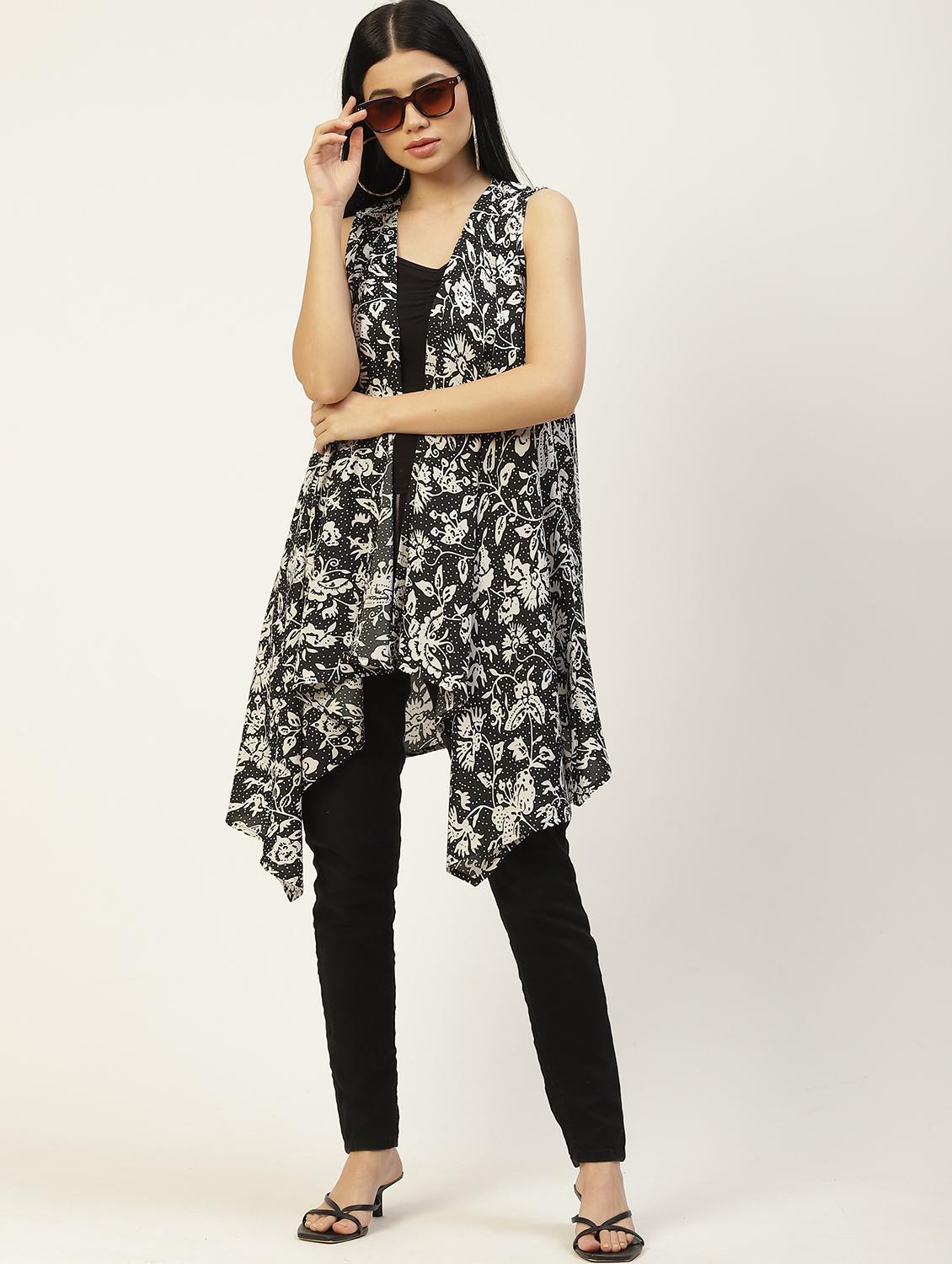 women printed sleeveless asymmetric shrug