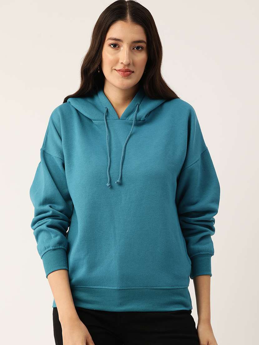 women solid long sleeve hooded sweatshirt