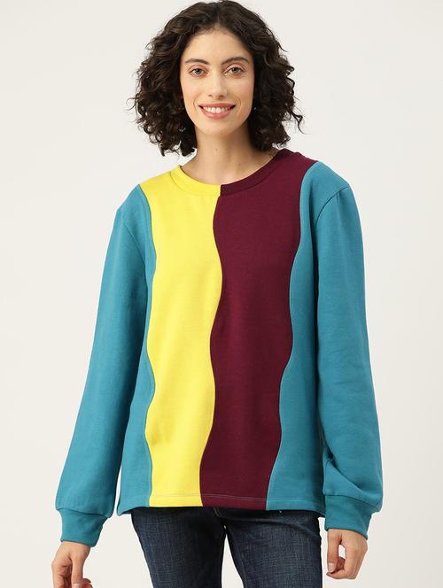 women color blocked round neck long sleeve sweatshirt - 22028962 - Standard Image - 0