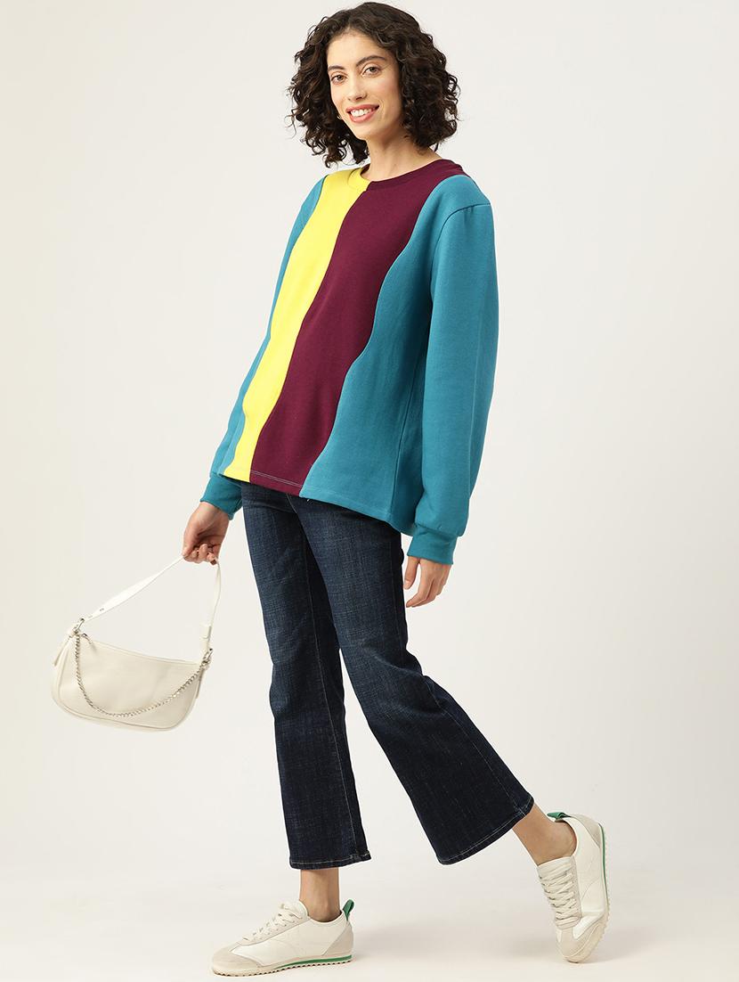 women color blocked round neck long sleeve sweatshirt - 22028962 - Standard Image - 3