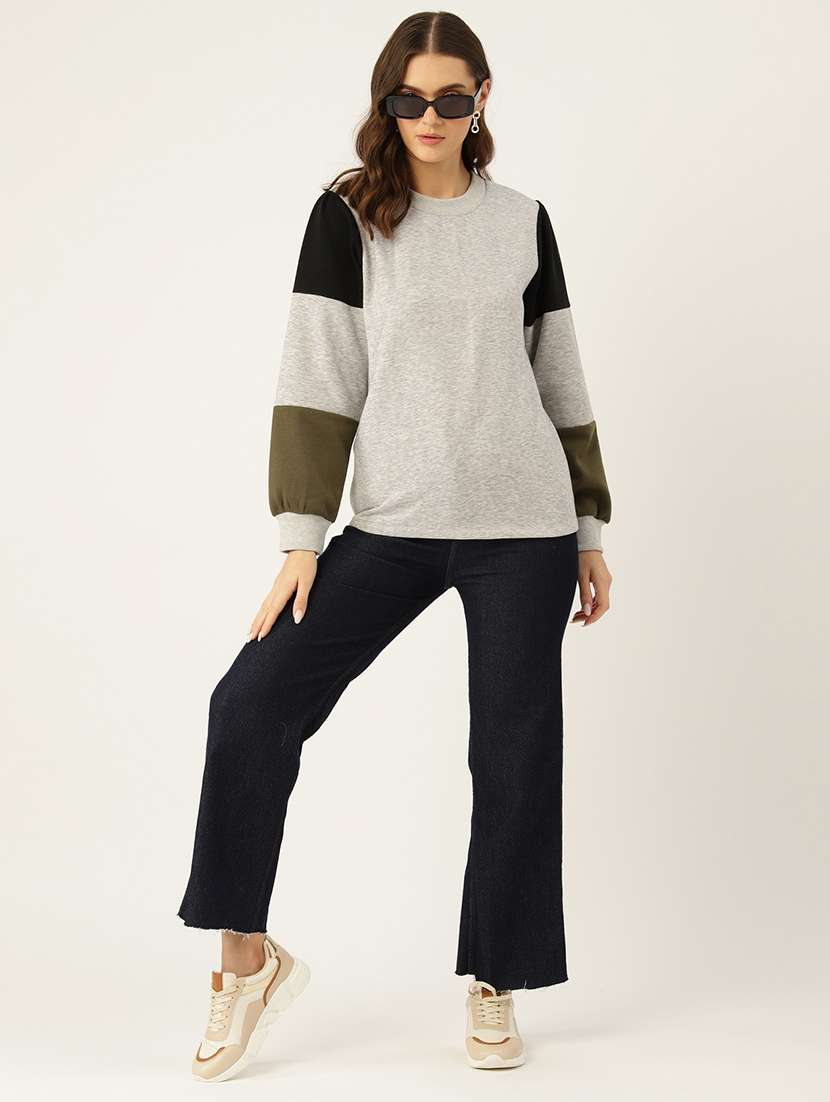 women color blocked round neck long sleeve sweatshirt - 22028971 -  Standard Image - 3